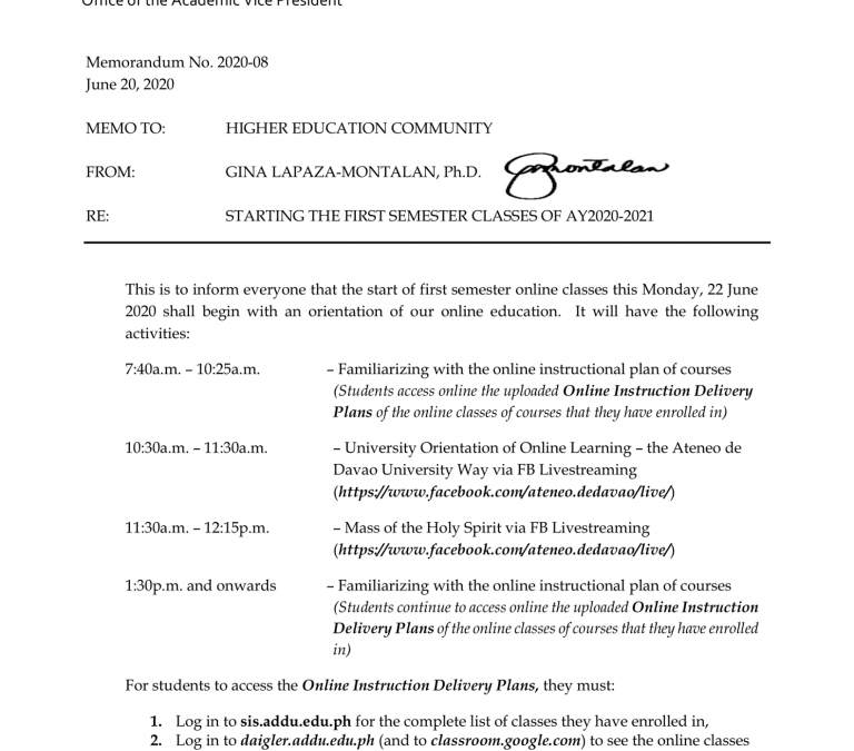MEMO | Starting the First Semester Classes of AY 2020-2021